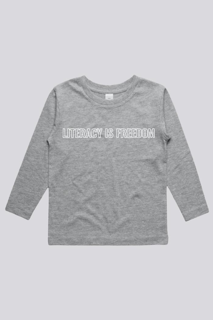 "Literacy is Freedom"  Grey Cotton Crew Neck Kids Long Sleeve T-Shirt