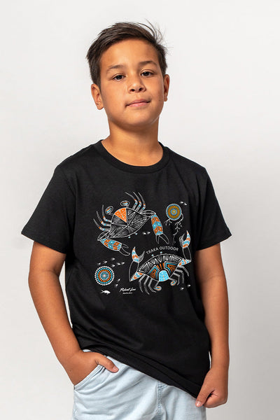 Aboriginal Art Clothing-Mudcrab Black Cotton Crew Neck Kids T-Shirt-Yarn Marketplace