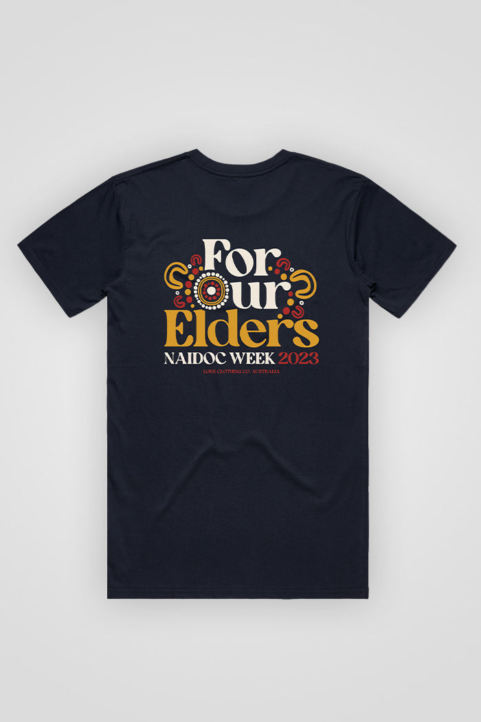 "For Our Elders" NAIDOC 23 Pocket Print (Red & Yellow) Navy Cotton Crew Neck Unisex T-Shirt