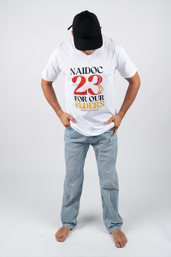 NAIDOC 23 (Red & Yellow) White Cotton Crew Neck Unisex T-Shirt