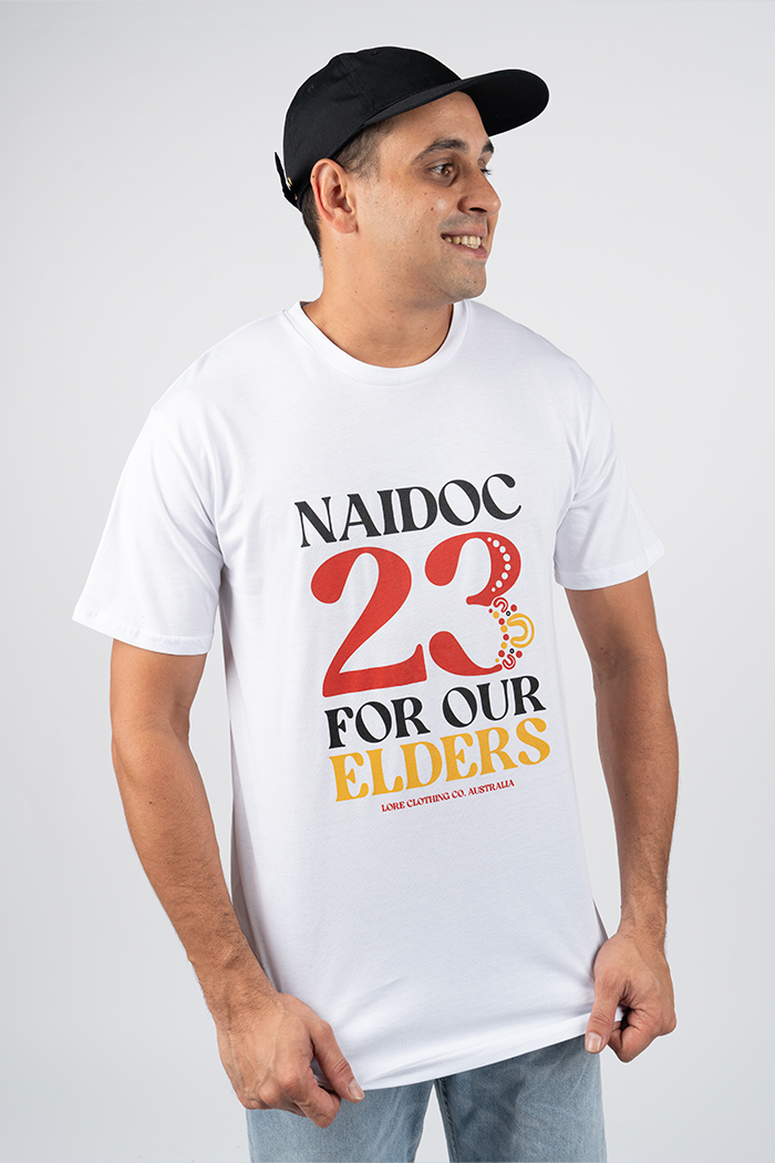 NAIDOC 23 (Red & Yellow) White Cotton Crew Neck Unisex T-Shirt