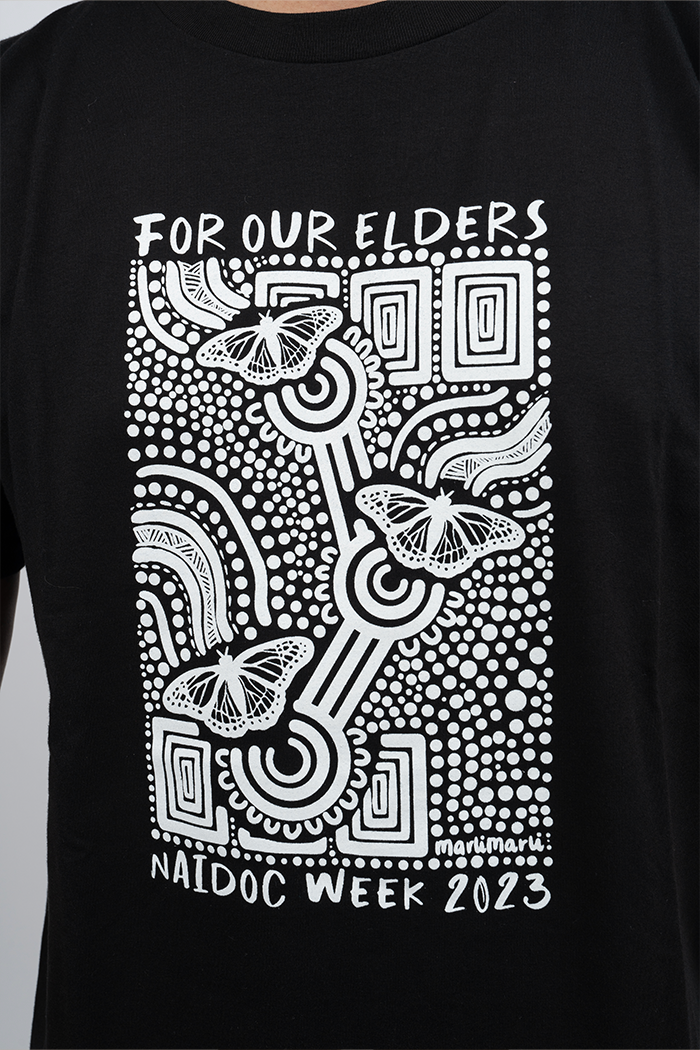 'Ngal-Gawu' Grandmother (Mother's Mum) (Monochrome Print) NAIDOC WEEK 2023 Black Cotton Crew Neck Unisex T-Shirt