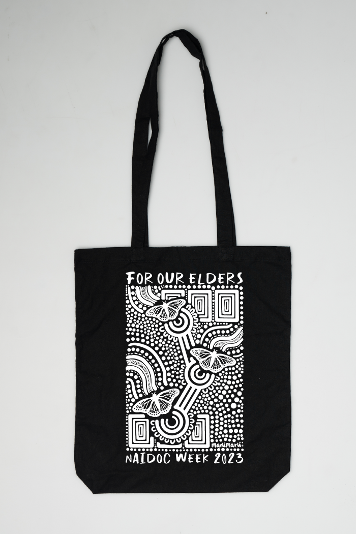 'Ngal-Gawu' Grandmother (Mother's Mum) (Monochrome Print) NAIDOC WEEK 2023 Black Cotton Tote Bag