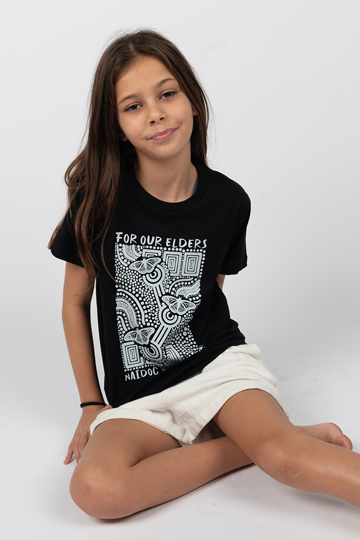 'Ngal-Gawu' Grandmother (Mother's Mum) (Monochrome Print) NAIDOC WEEK 2023 Black Cotton Crew Neck Kids T-Shirt