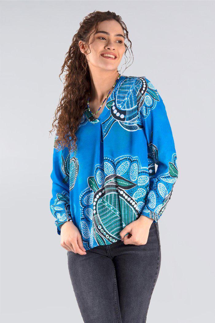 Aboriginal Art Clothing-Ocean Turtles V Neck Women's Long Sleeve Blouse-Yarn Marketplace