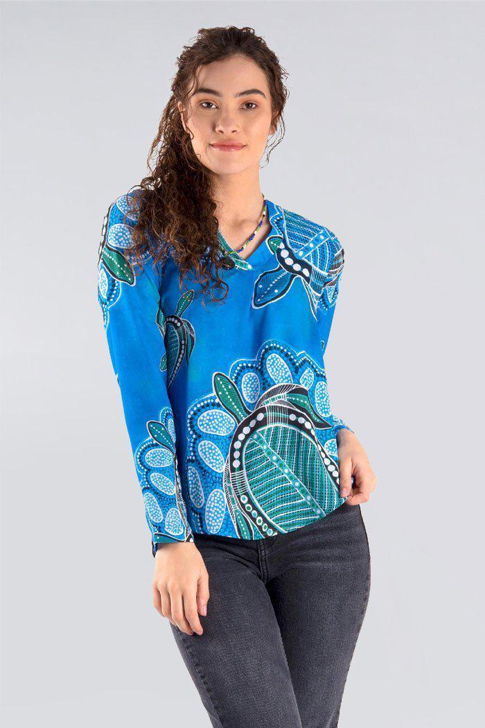 Aboriginal Art Clothing-Ocean Turtles V Neck Women's Long Sleeve Blouse-Yarn Marketplace