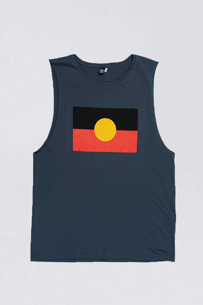 "Raise The Flag" Aboriginal Flag (Large) Petrol Blue Cotton Men's Muscle Tank Top