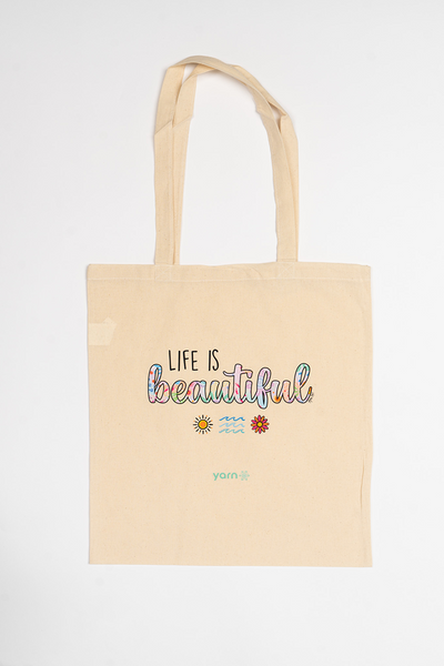 Life Is Beautiful Long Handle Natural Cotton Tote Bag