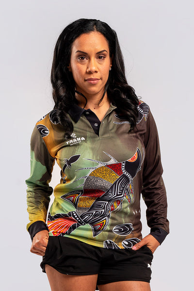 Aboriginal Art Clothing-Barramundi Hunt UPF 50 Women's Fitted Long Sleeve Polo Shirt-Yarn Marketplace