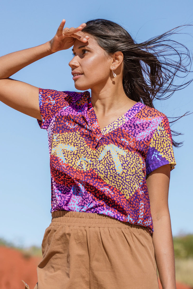 Yankirri Jukurrpa V Neck Women's Short Sleeve Blouse