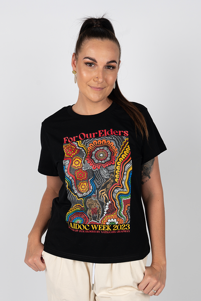 Wisdom Of Our Elders NAIDOC WEEK 2023 Black Cotton Crew Neck Women's T-Shirt