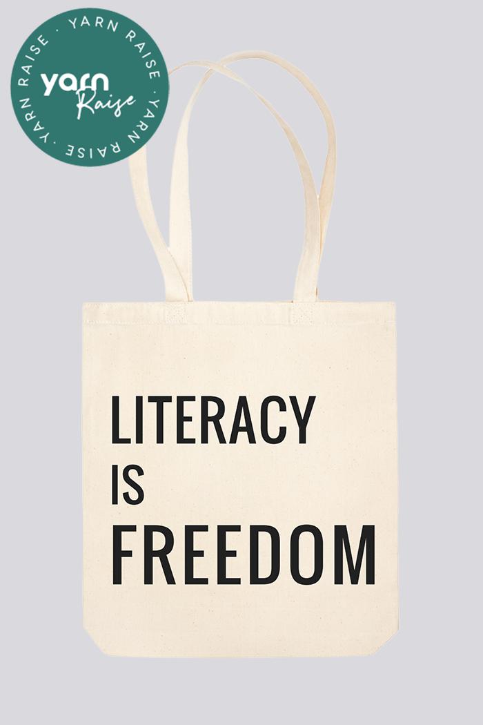 "Literacy is Freedom" Long Handle Natural Cotton Tote Bag