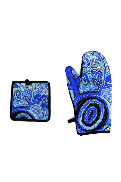 Hudson Cotton Oven Mat and Mitt (Blue)