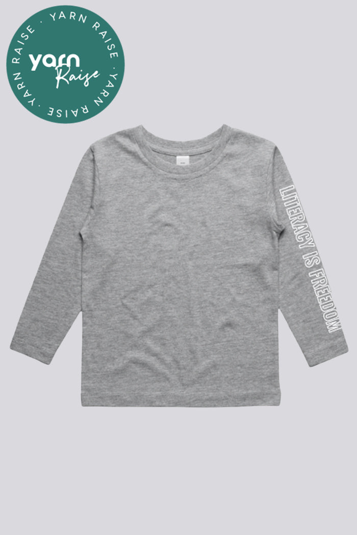 "Literacy is Freedom" Grey Cotton Crew Neck Youth Long Sleeve T-Shirt